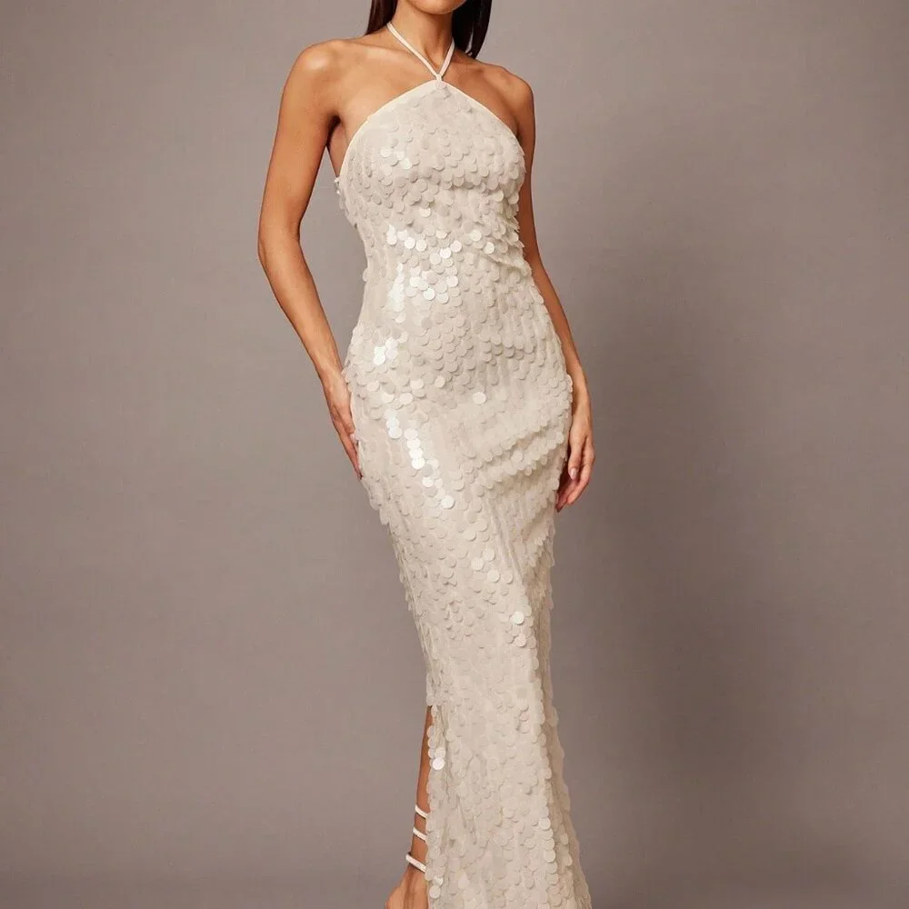 White Sequin Spaghetti Strap Women's Cocktail Dress - Picture 7 of 7